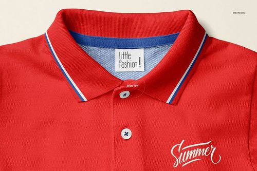 Red kids polo shirt mockup shown in a close-up front view, featuring blue and white collar trim and button details.