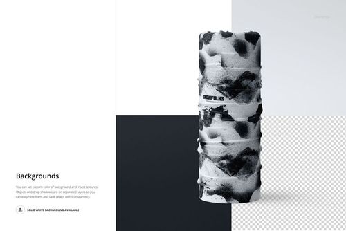 Front view of a neck gaiter mockup with a black and white abstract pattern, displayed on a split background.