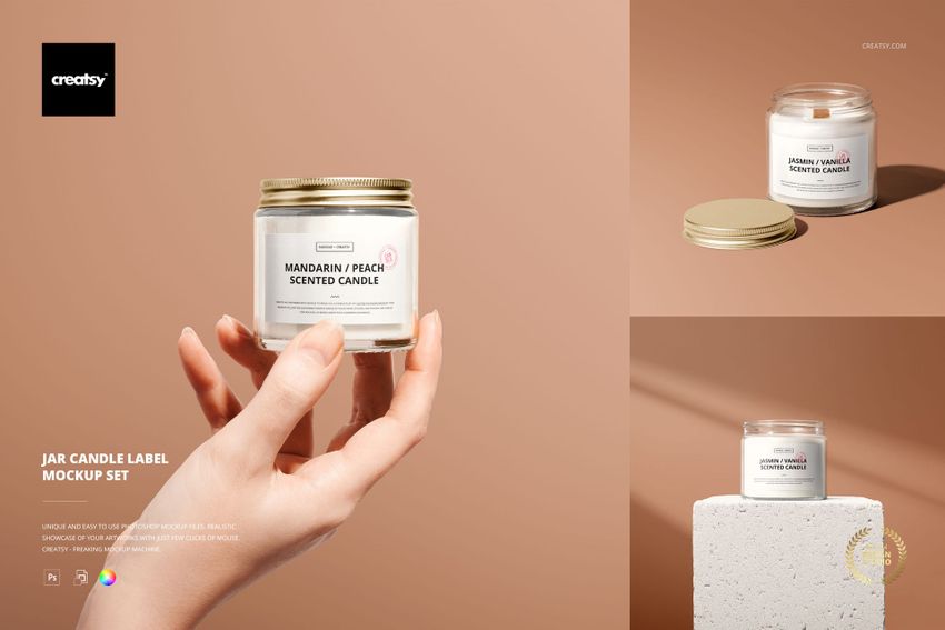 Jar candle mockup featuring a clear glass container with a label, gold lid, and minimal beige setting from various angles.