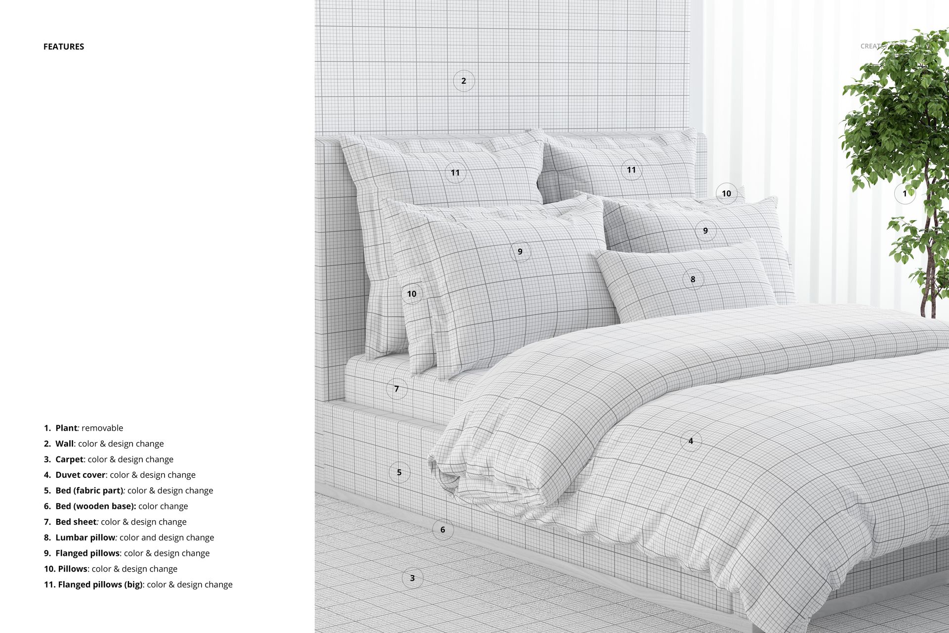 Contemporary bedding mockup with white and gray grid design, several pillows, and a plant in a bright room.