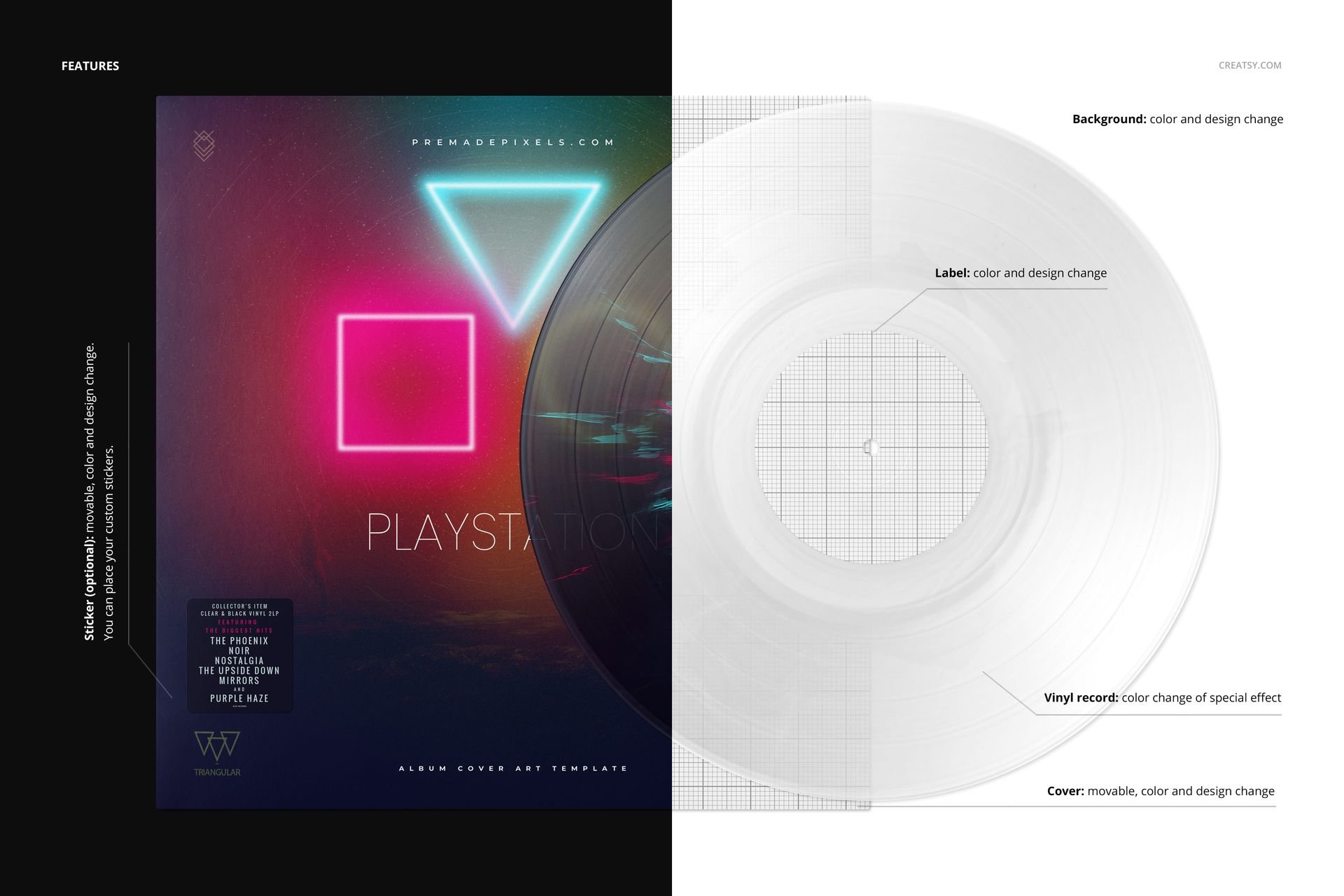 Front view of a vinyl record and cover mockup with splatter effect, featuring geometric neon shapes and dark background.
