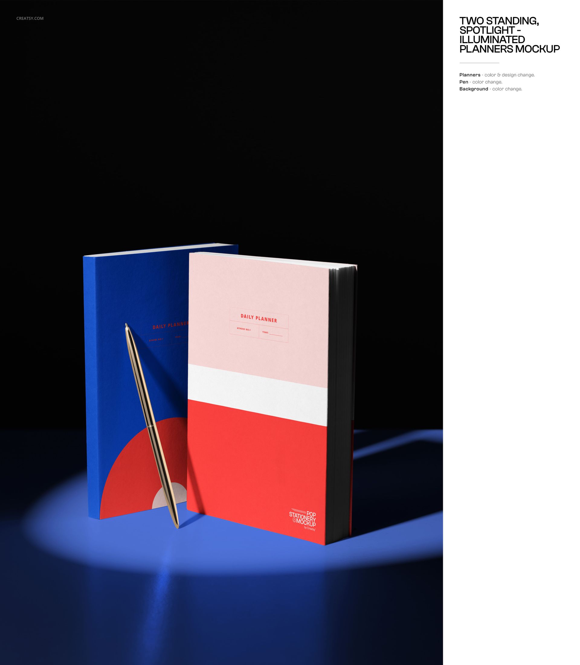 PSD mockup of two hardcover planners with modern geometric covers and a metallic pen, spotlighted against black.