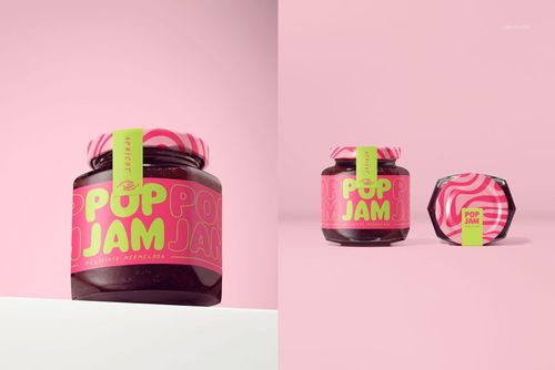 Front and top view of jam jars with pink and yellow labels, set against a pastel pink background in a mockup scene.
