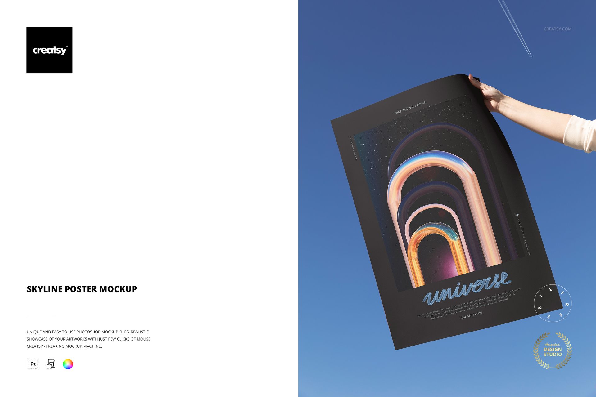 Hand holding a rectangular poster with abstract arch design against a clear blue sky, front view mockup scene.