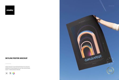 Hand holding a rectangular poster with abstract arch design against a clear blue sky, front view mockup scene.