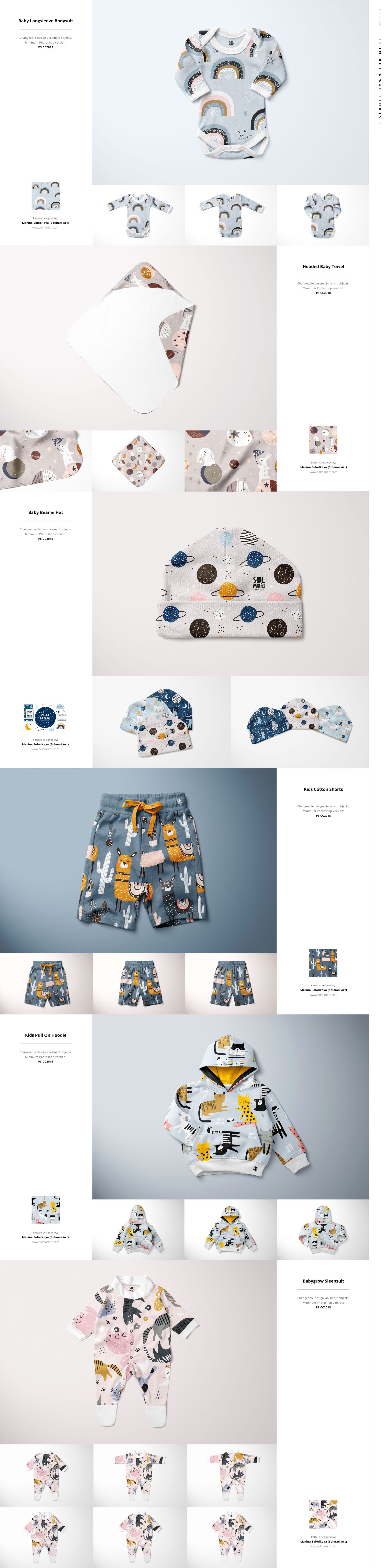 Kids clothing and accessories mockup bundle featuring bodysuits, hats, bibs, and blankets in various patterns.