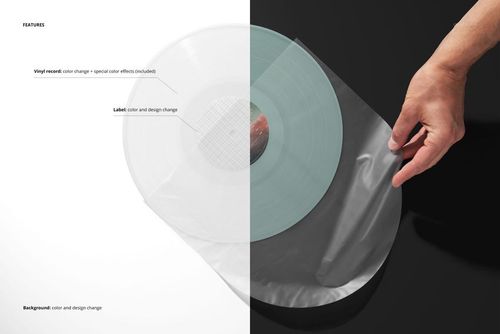 PSD mockup featuring a colored vinyl record and semi-transparent sleeve, displayed on a contrasting black and white surface.