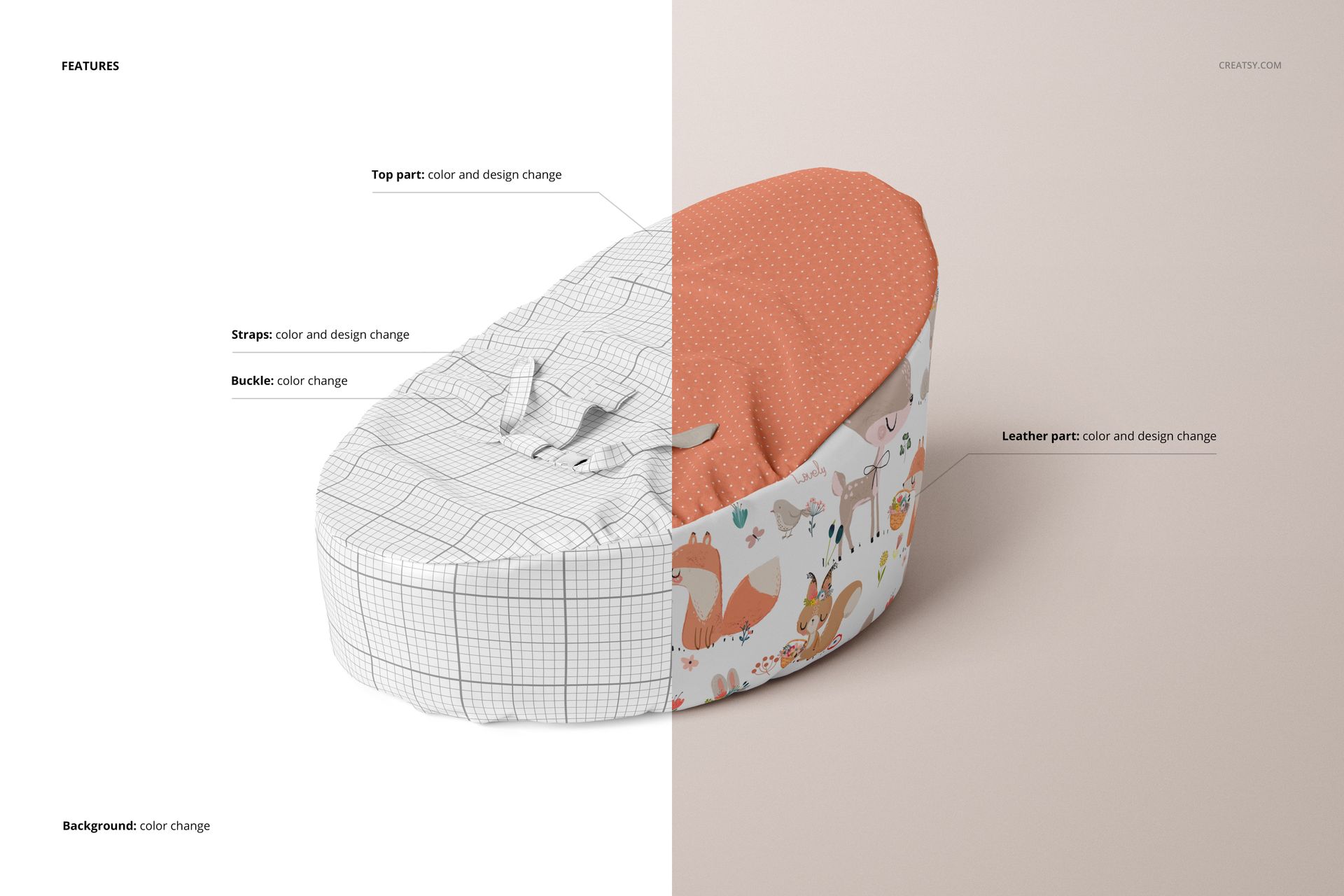 PSD mockup of a baby bean bag with half in editable wireframe and half in orange and woodland animal pattern, front view.