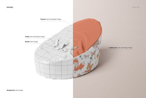 PSD mockup of a baby bean bag with half in editable wireframe and half in orange and woodland animal pattern, front view.