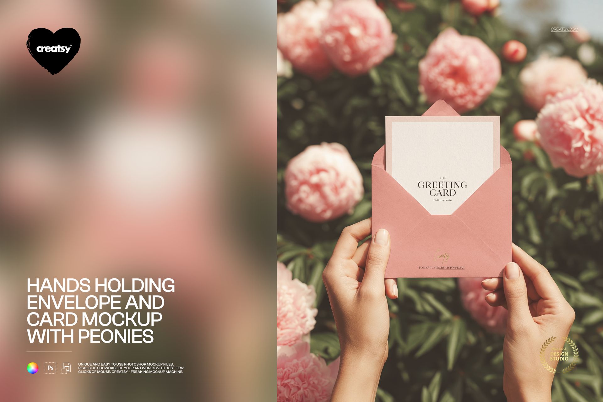 Hands Holding Envelope and Card Mockup with Peonies