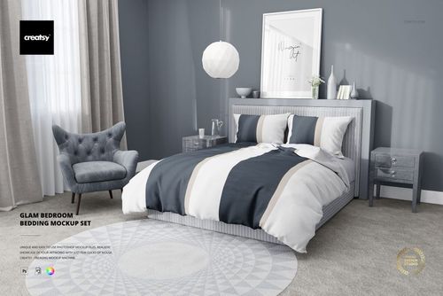 Modern bedroom bedding mockup featuring a neatly made bed with striped duvet and pillows, front view, gray decor.
