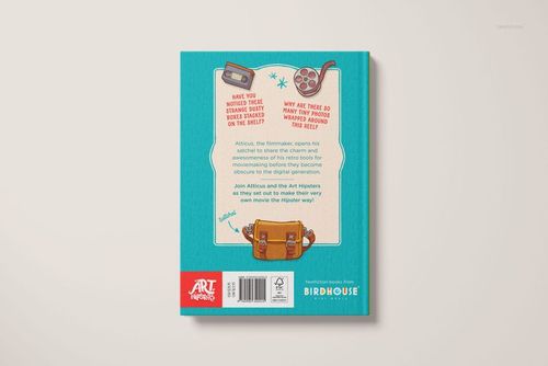 Back view of a hardcover book mockup with a turquoise buckram cloth cover and colorful illustrated objects.