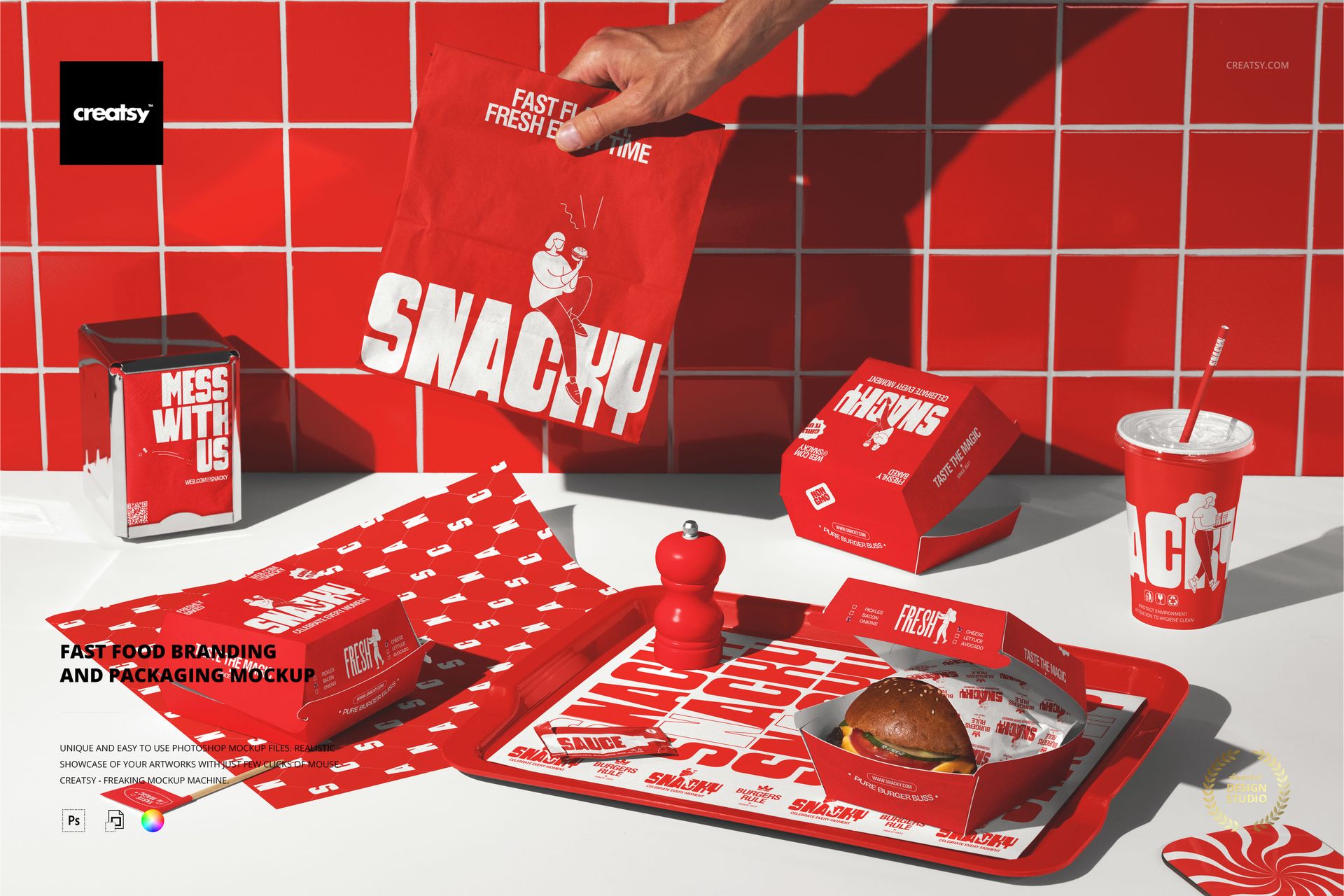 Burger packaging and branding mockup featuring red containers, paper, and tray with bold white text, top view.