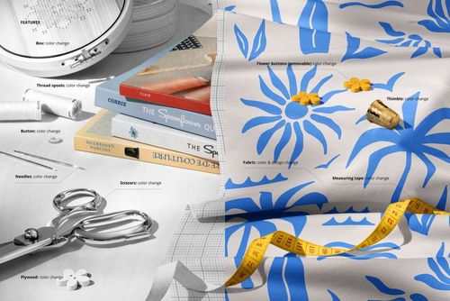 Flat lay of a sewing table featuring patterned jersey fabric mockup, sewing tools, books, and yellow measuring tape.
