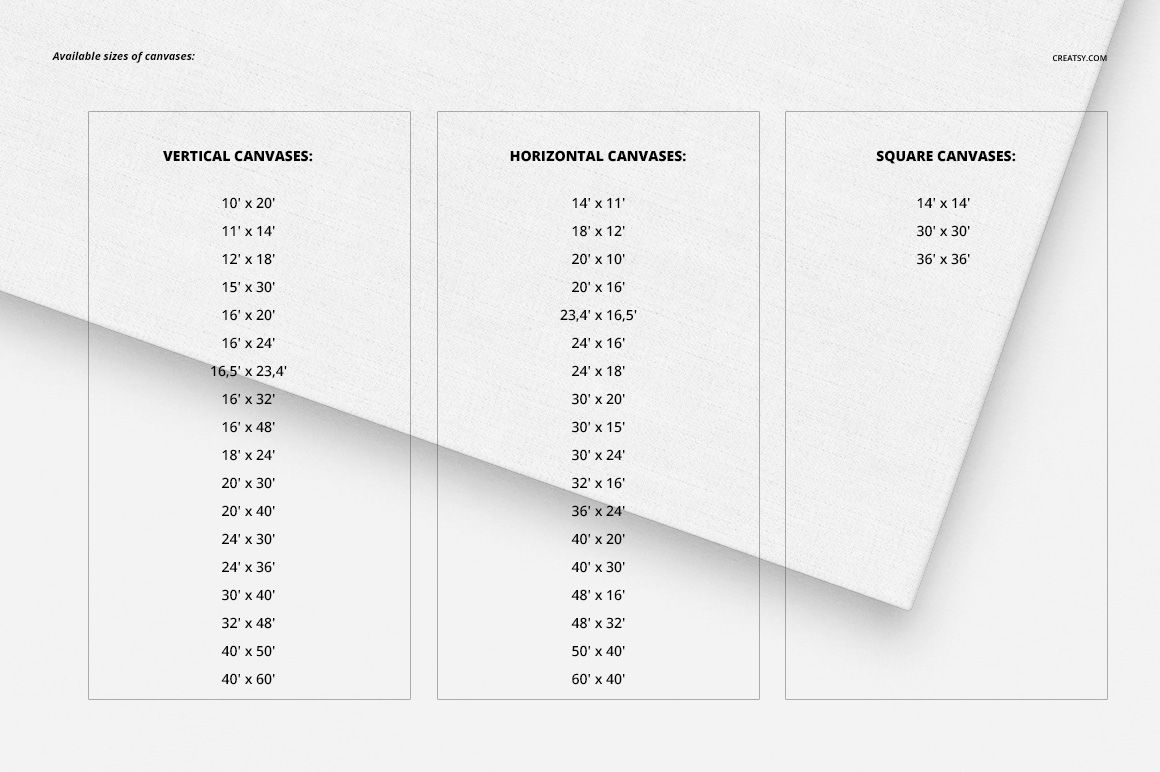 White canvas print mockup with a textured surface, shown from a top angle, alongside a list of canvas sizes.
