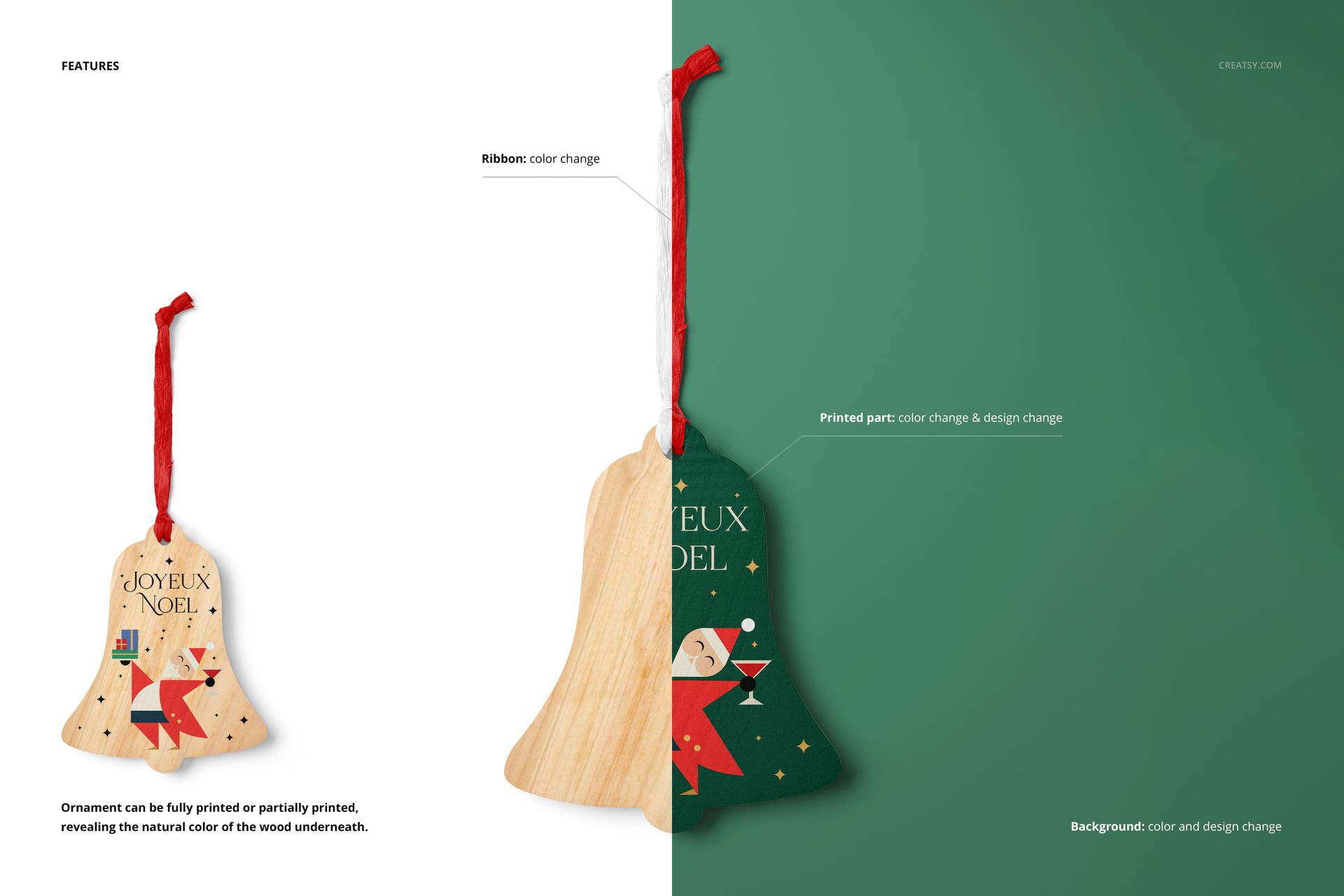Christmas bell ornament mockup featuring natural wood and printed holiday graphics, displayed from the front view.