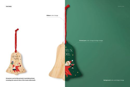 Christmas bell ornament mockup featuring natural wood and printed holiday graphics, displayed from the front view.