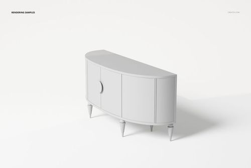 Sideboard with rounded end in a matte light gray finish, shown from a front angle on a plain white background.