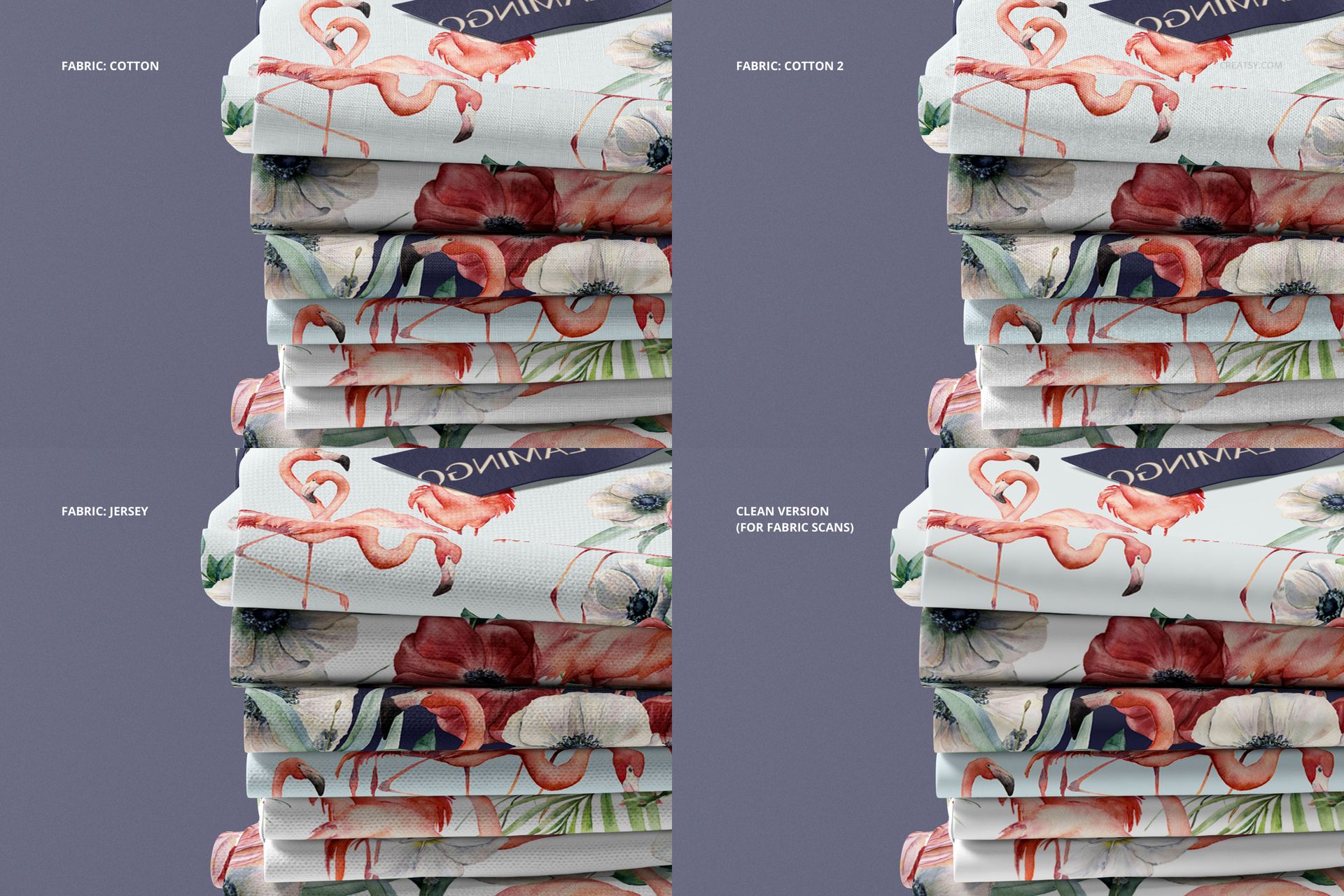 Folded fabric stack mockup with floral and flamingo designs, shown in cotton, jersey, and clean scan options.