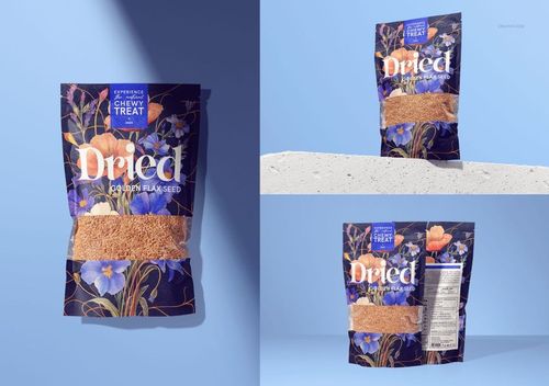 Paper pouch packaging mockup for golden flax seeds, featuring floral patterns and clear window, shown in front and back views.