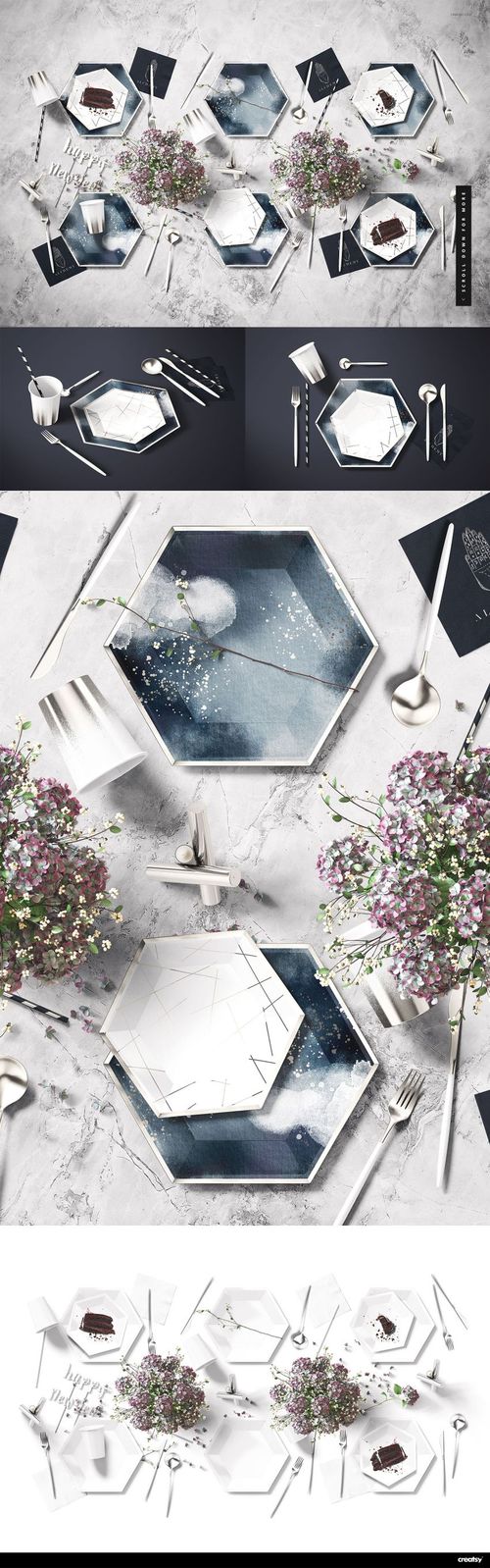 Hexagonal party plates and cutlery arranged on a marble surface, with small cakes and floral decorations in a top view mockup scene.