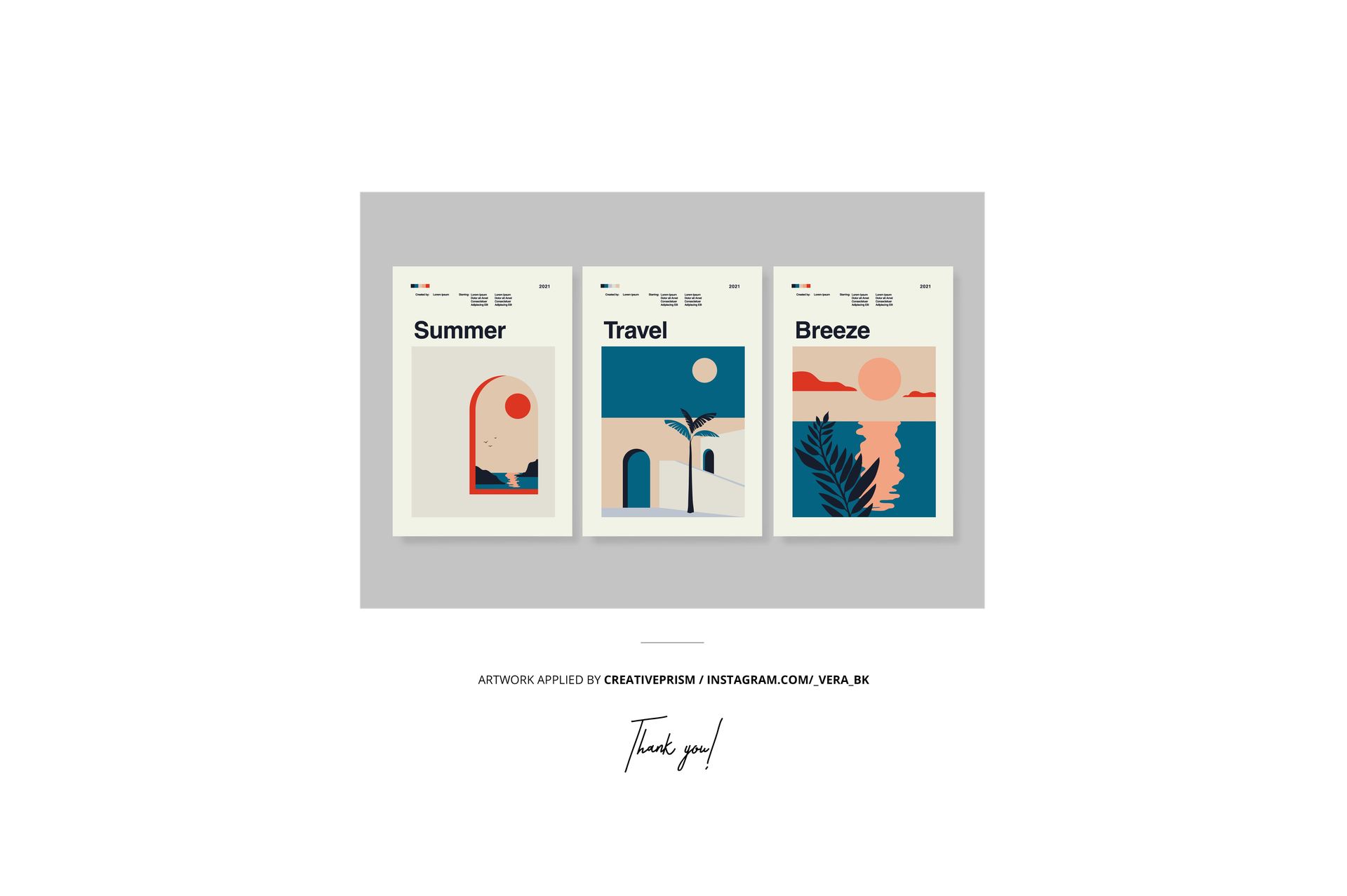 Three minimalist posters with abstract summer, travel, and breeze themes in muted blue, peach, and beige colors.