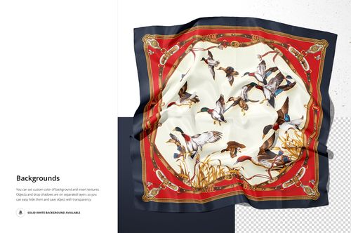 Silk scarf with a bird and foliage pattern displayed unfolded, featuring red, navy, and cream colors on a mockup.
