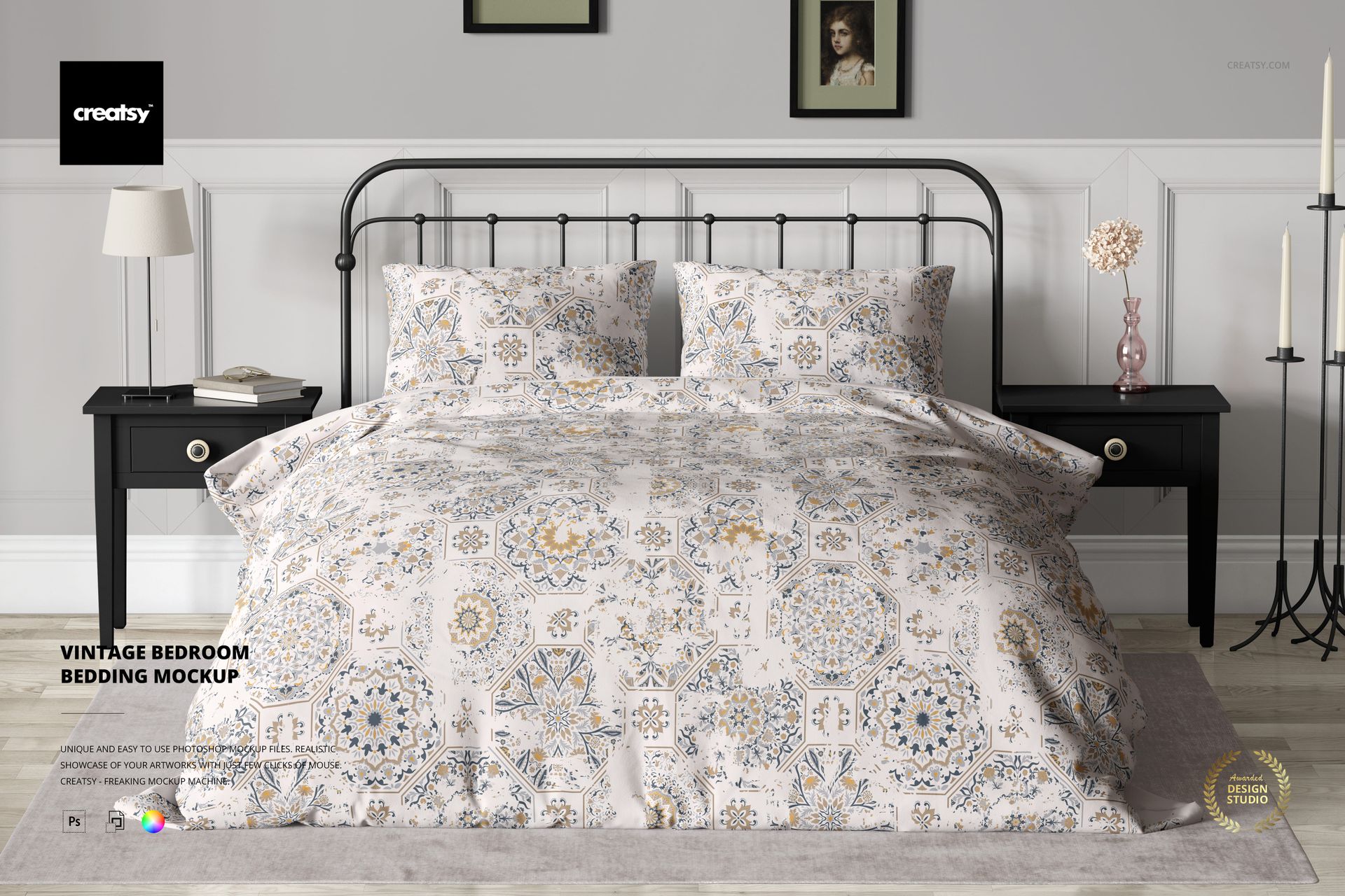 Front view of a bed with vintage patterned bedding and two pillows in a classic bedroom scene, PSD mockup.