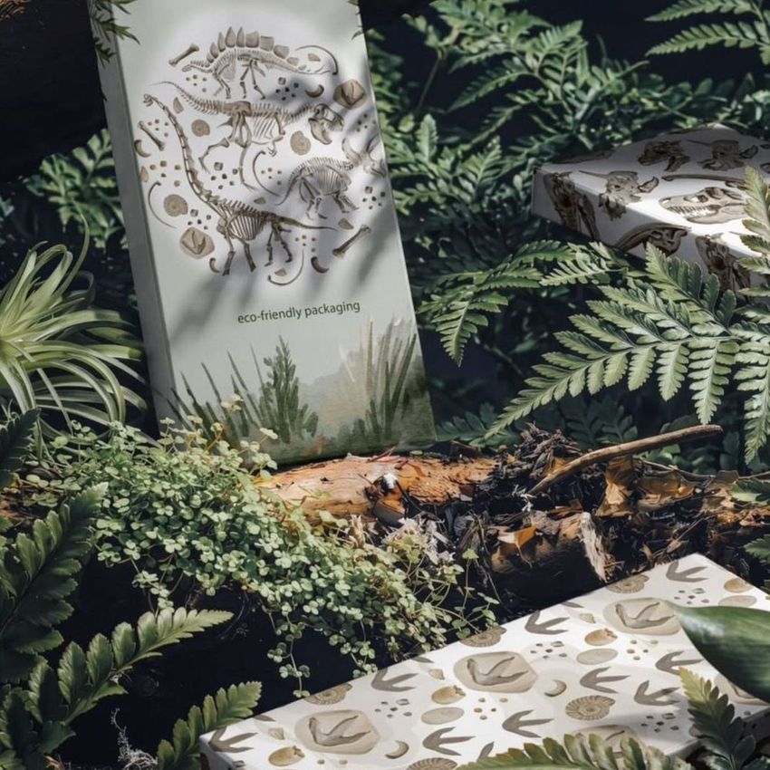 Chocolate box mockup featuring illustrated dinosaur fossils and eco-friendly packaging text, surrounded by lush forest ferns.