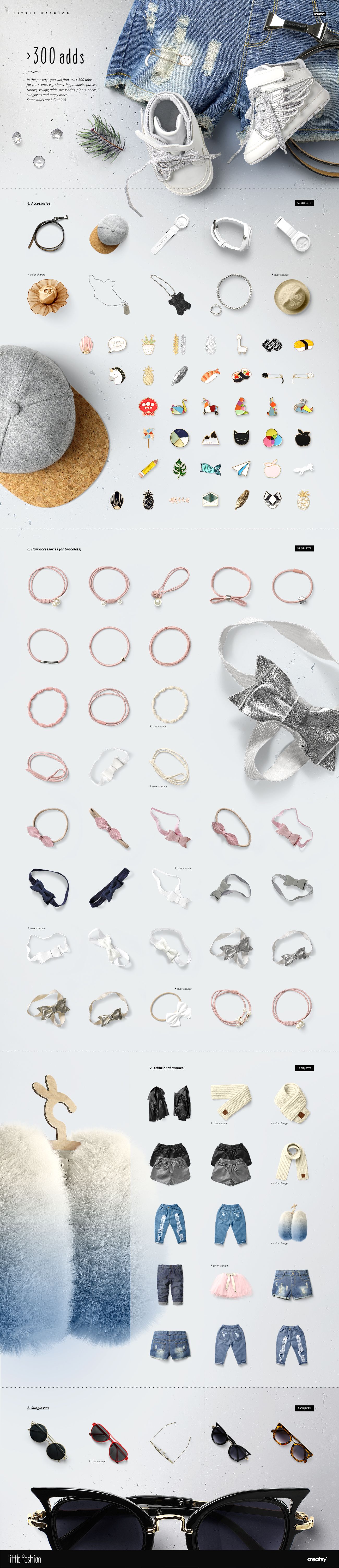 Kids apparel mockup bundle featuring various clothing items, accessories, and shoes arranged on a white background.