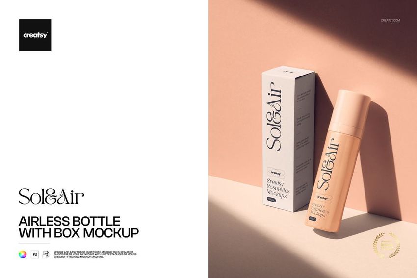 Front view of a beige airless bottle and matching box on a peach background, shown in a cosmetics mockup scene.