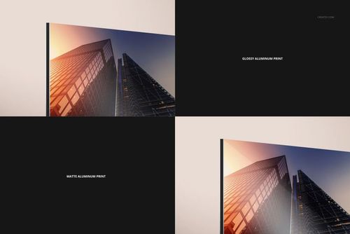 PSD mockup of glossy and matte aluminum prints with a modern building design and soft gradient background.