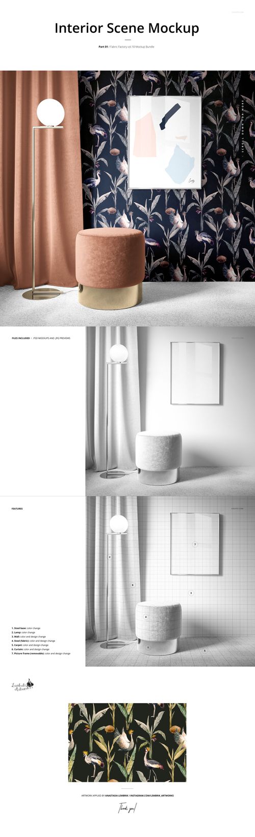 Modern interior scene with a round ottoman, tall floor lamp, and patterned wallpaper, shown in a PSD mockup.
