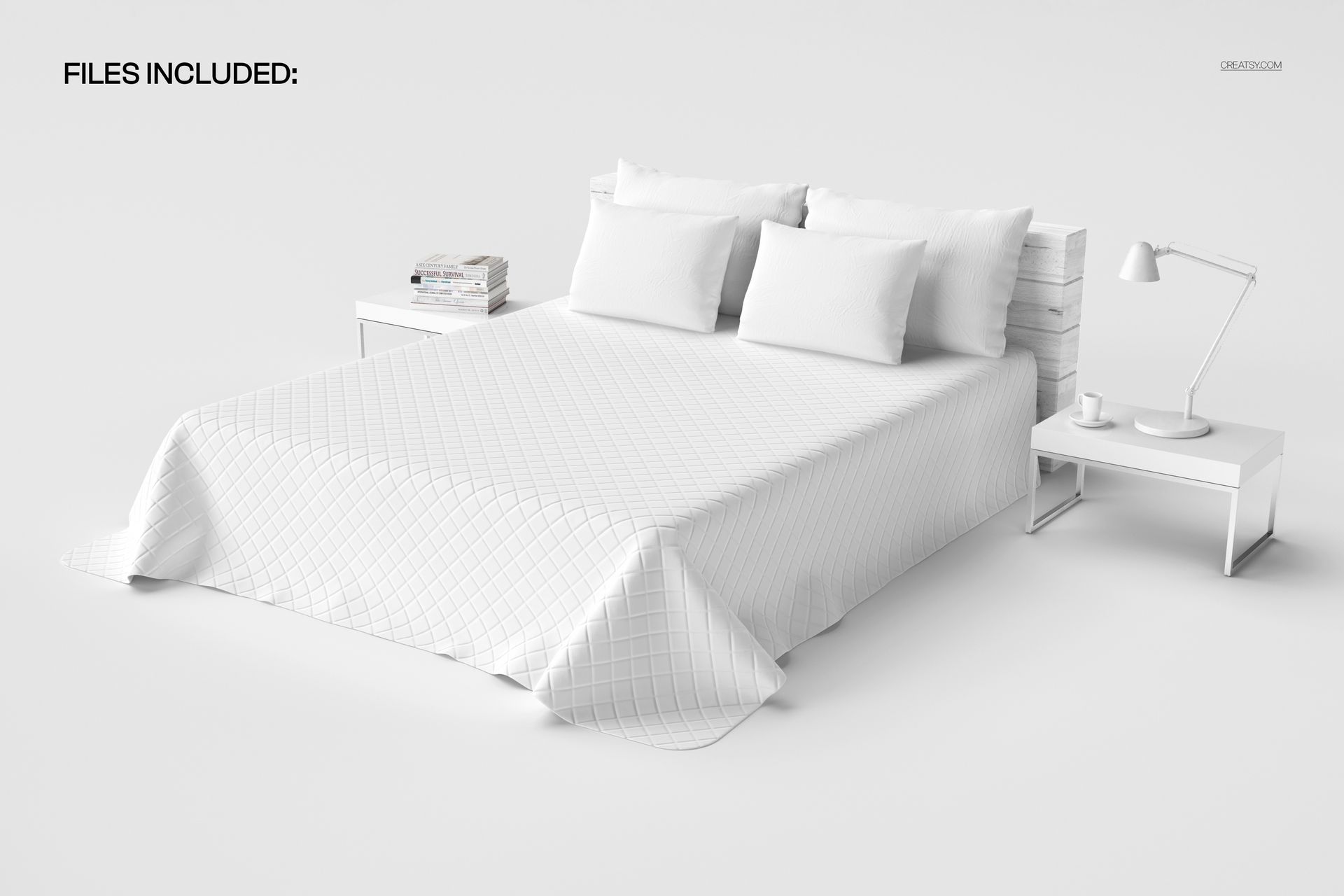 Perspective view of a quilted bed coverlet mockup featuring a light grid design, pillows, and bedside tables.