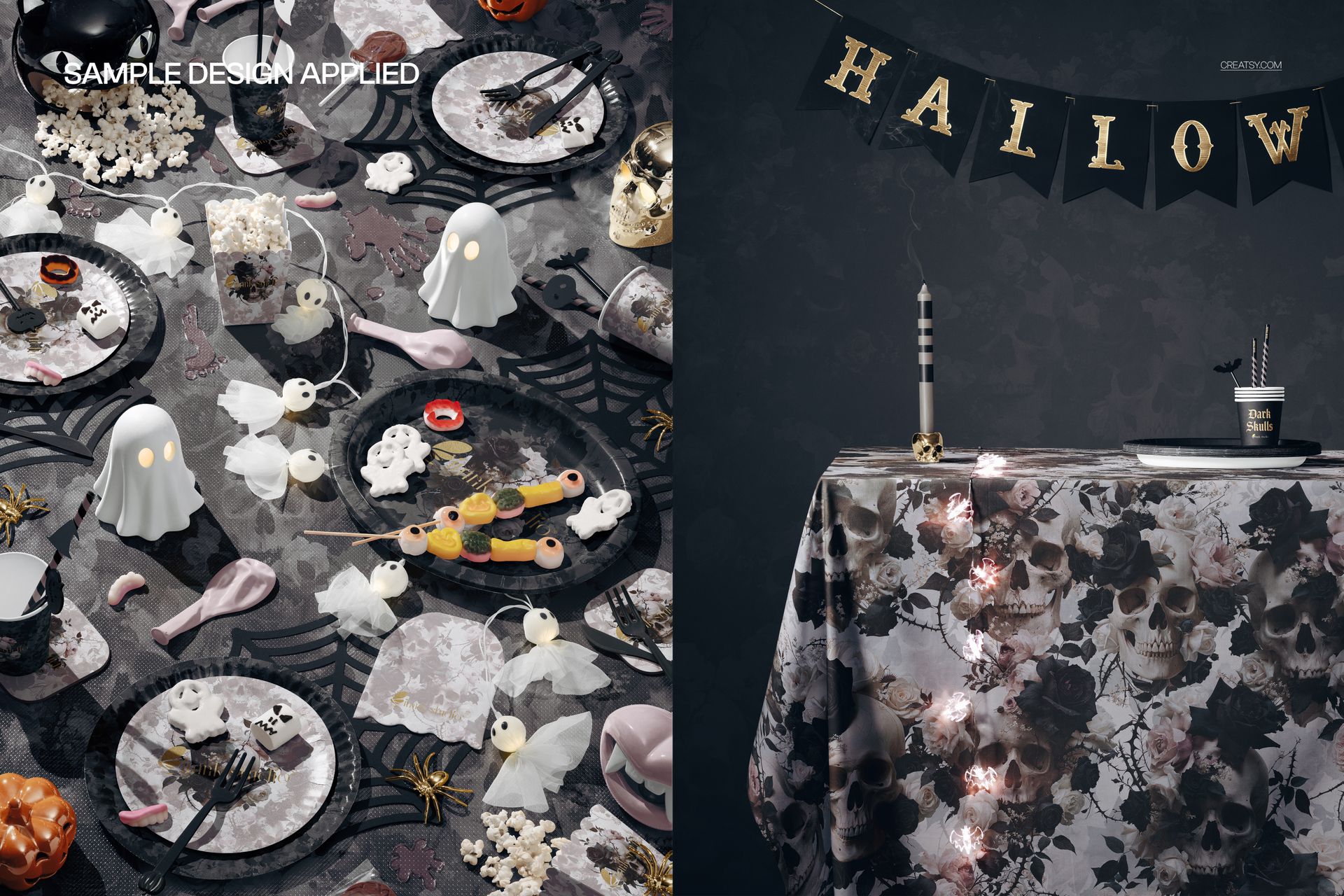 Halloween-themed mockup featuring a decorated table with skull-patterned cloth, ghost props, and festive plates.