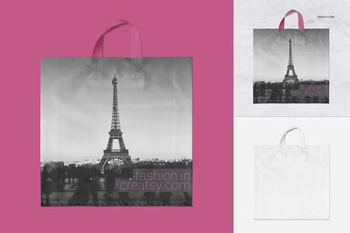 Set of plastic bag mockups shown from the front, with one bag displaying a grayscale Eiffel Tower print.