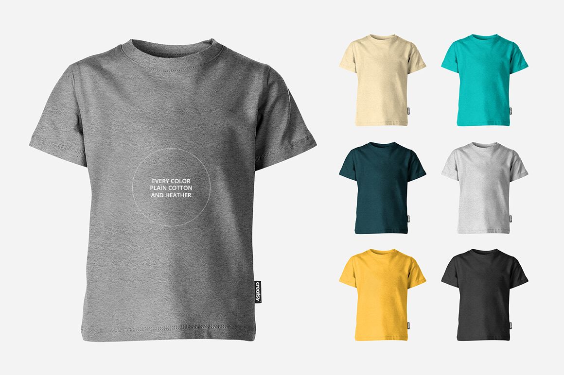 Front view of kids t-shirt mockup set showing a gray shirt with subtle text, alongside six color variants on a plain background.