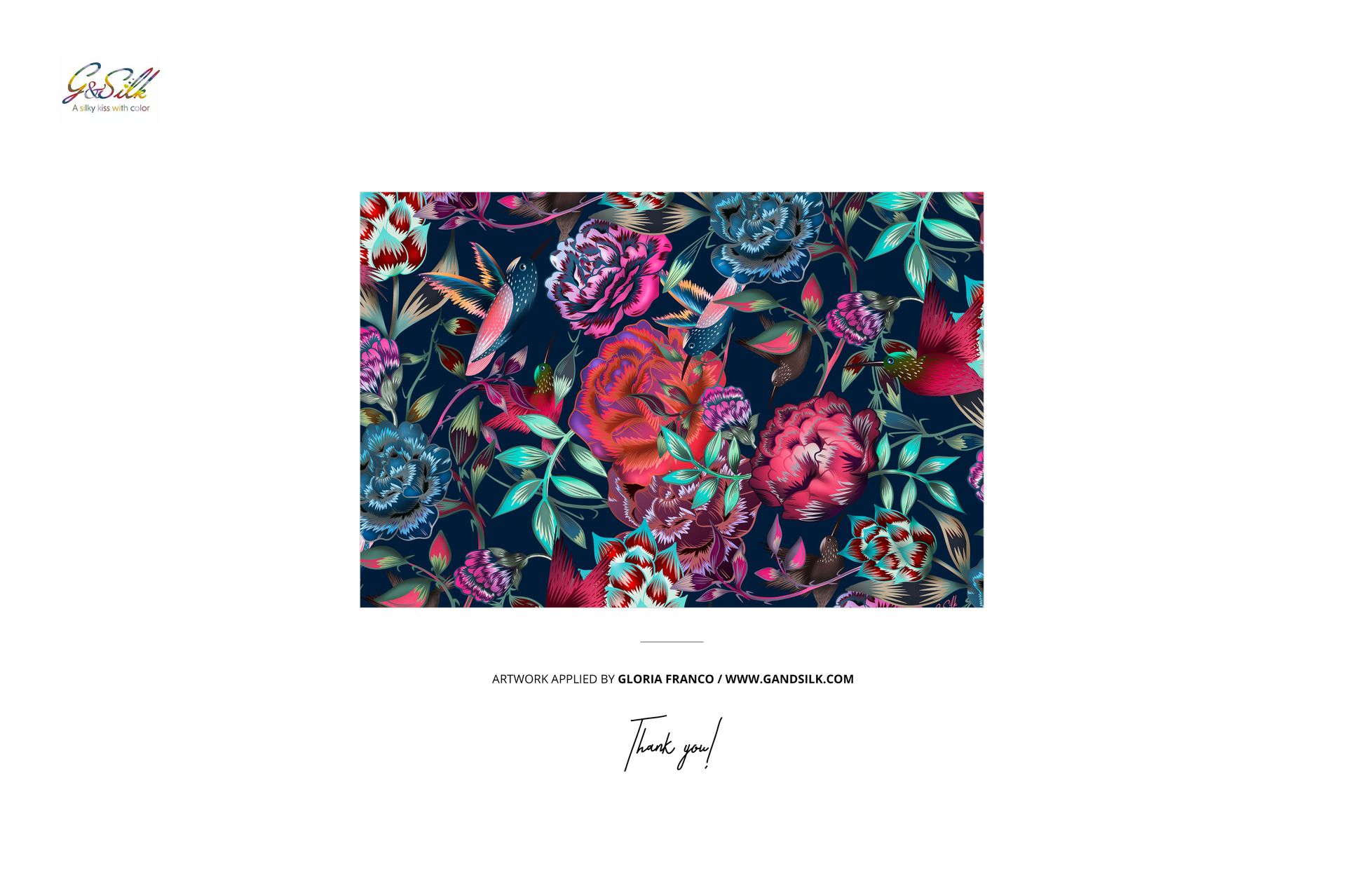 Front view of a square silk scarf mockup featuring colorful flowers and foliage on a dark background, centered on white.