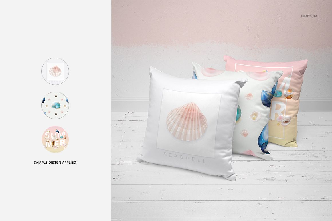 PSD mockup of fabric throw pillows with soft-colored seashell and watercolor designs, displayed in a home interior setting.