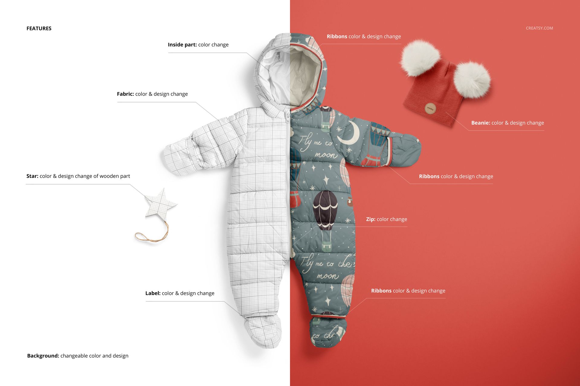 Front view of a baby snowsuit mockup split into two designs, with a star prop and beanie hat on a colored background.