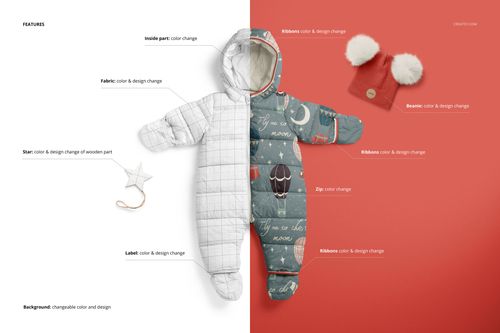Front view of a baby snowsuit mockup split into two designs, with a star prop and beanie hat on a colored background.