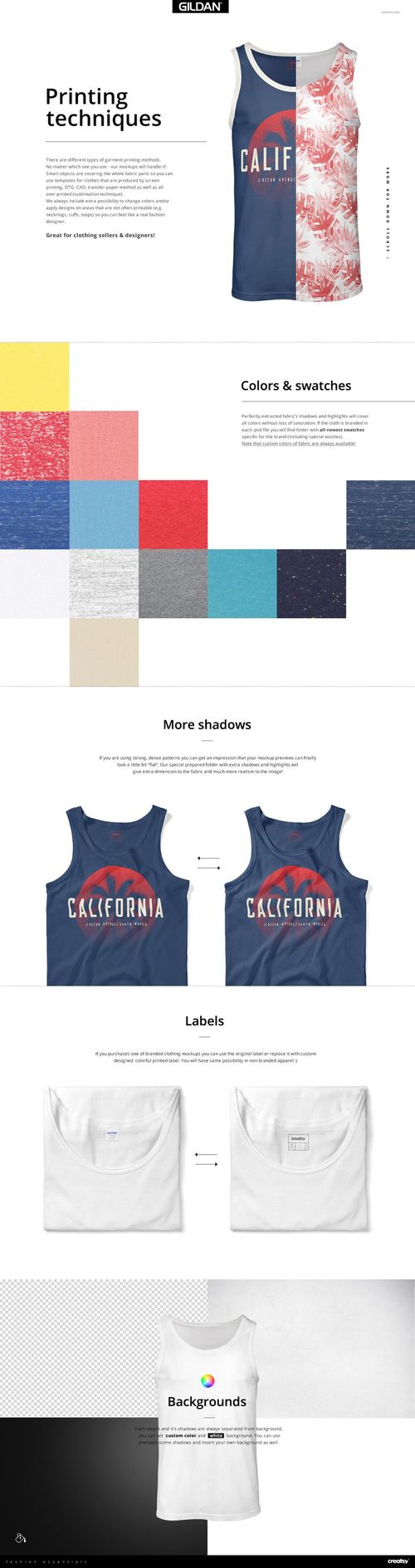 Gildan 64200 Softstyle tank top PSD mockup showing two sleeveless shirts, one with a blue graphic and one with a red pattern.