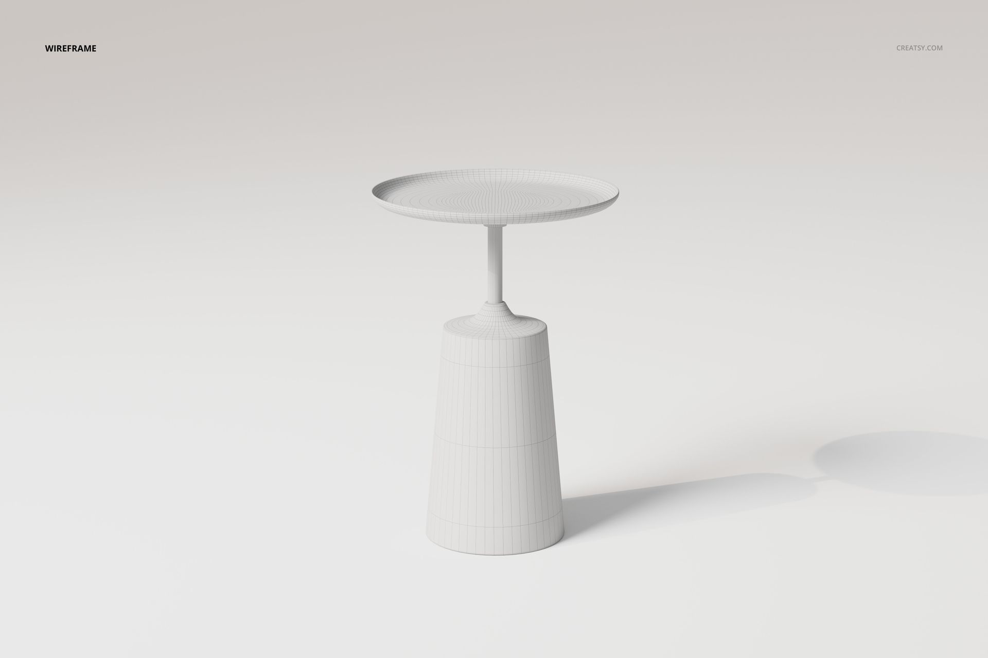 Round accent table 3D model in white, shown in wireframe view on a plain light background, front perspective.