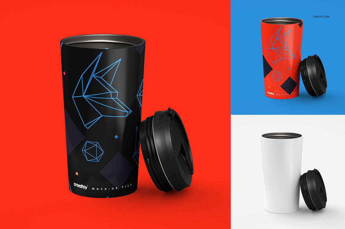 Front view of three 16 oz stainless steel tumblers, each with a removable lid, shown on colorful backgrounds.