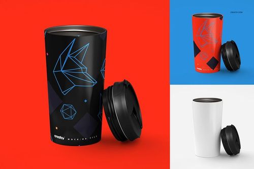 Front view of three 16 oz stainless steel tumblers, each with a removable lid, shown on colorful backgrounds.