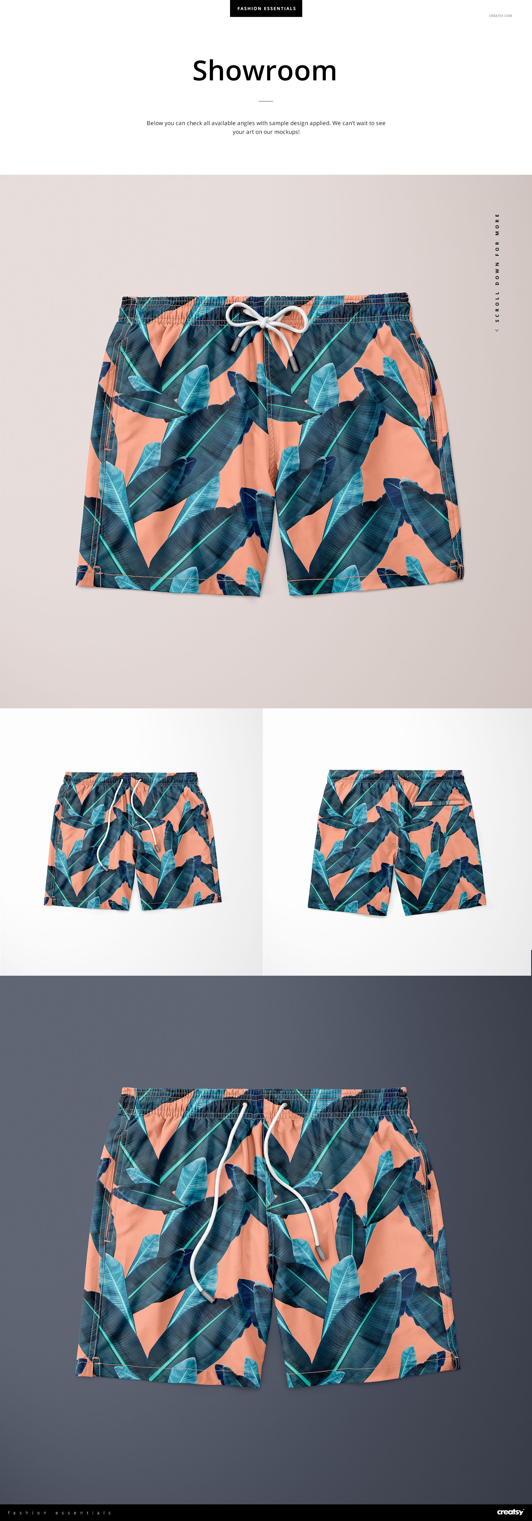 Front view of men's swim trunks featuring a bold green and orange leaf design, displayed in a PSD mockup scene.