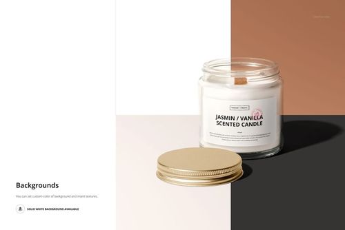 Front view of a jar candle mockup with beige lid, white wax, and customizable label on a color-blocked surface.