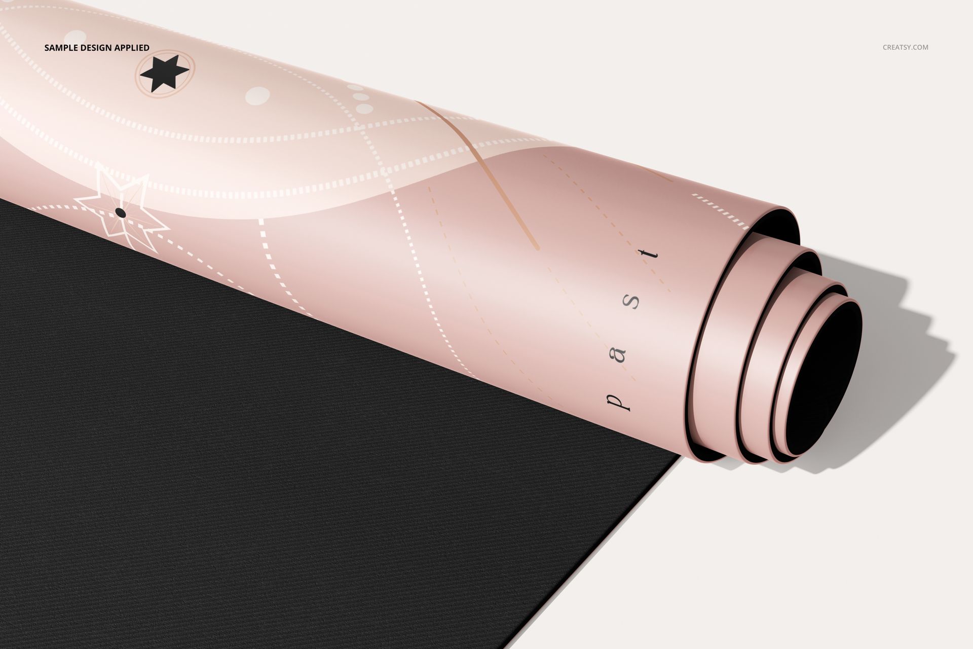 PU leather yoga mat mockup showing a partially unrolled mat with a light pink patterned surface and black base.