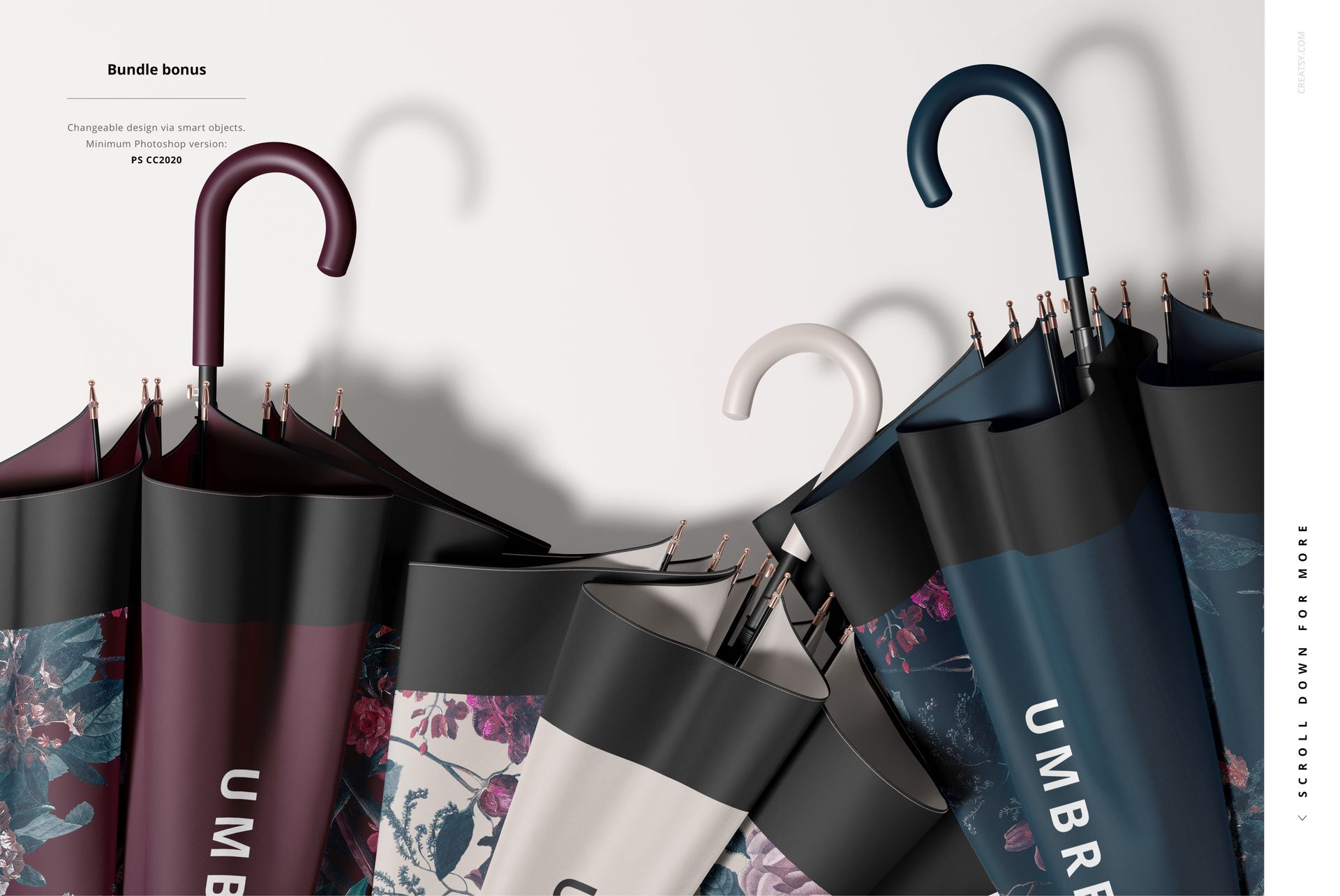 Front view of several umbrellas with floral and solid color patterns arranged in a row, shown as a mockup bundle.