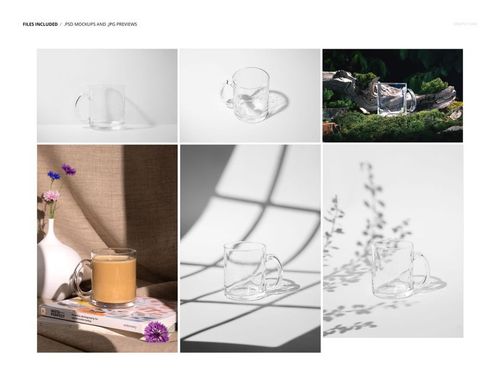 Transparent glass mug mockup set displayed in six scenes, including studio views, shadows, books, and forest moss.